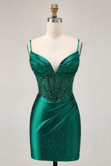 Dark Green Bodycon Corset Sequins Satin Cocktail Dress